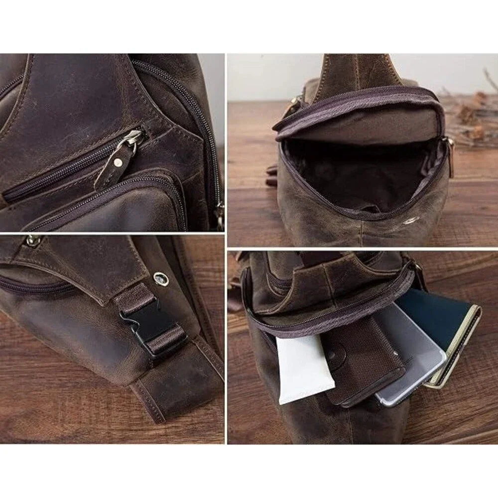 Men Fashion Casual Crossbody Chest Sling Bag, Genuine Leather, Dark Brown